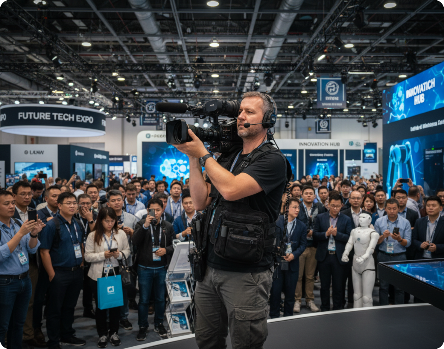 A camera crew member holding a camera to video capture a busy trade show booth in Nuremberg